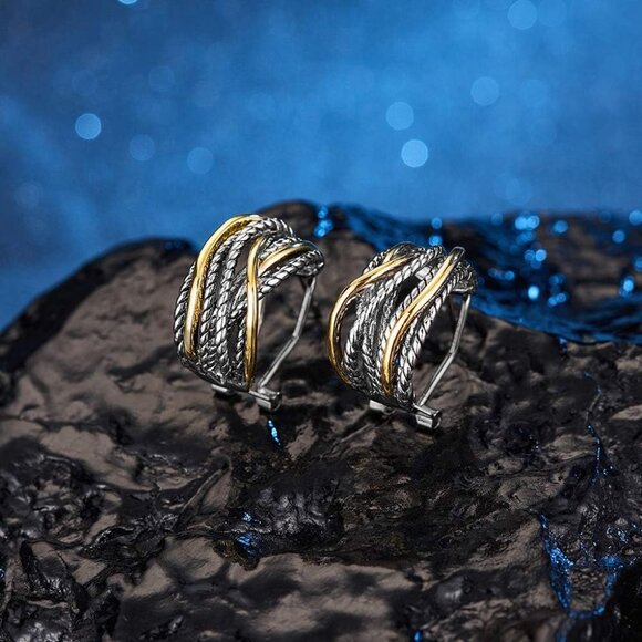 Two Tone Silver Gold Huggie Hoop Earrings with Crossover Twisted Rope Design for - Picture 6 of 6